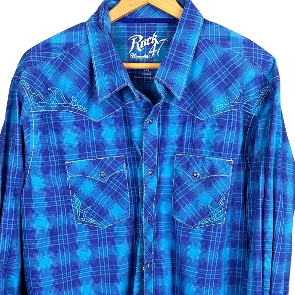 Rock 47 Wrangler Mens XXL Blue Plaid Western Snap Shirt Embroidered MRC339M